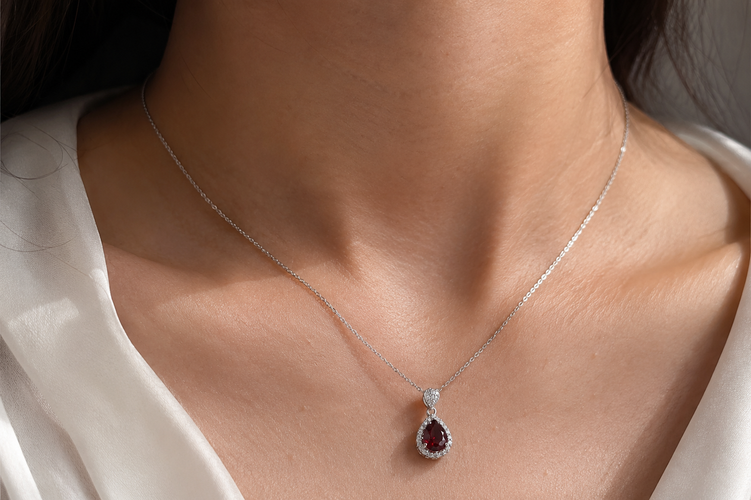 Rosalie Garnet Necklace | Pear Cut Halo Pendant